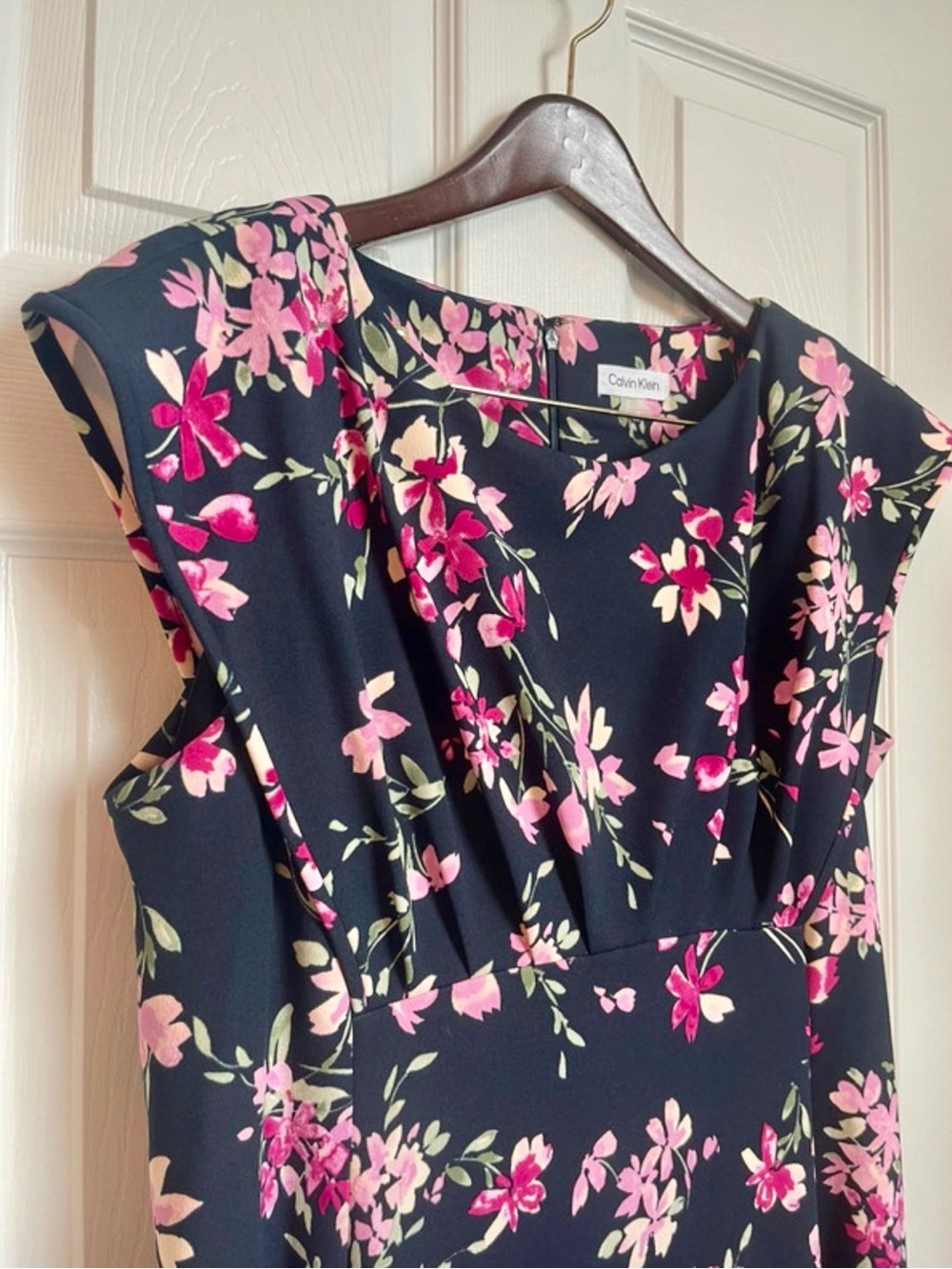 Calvin Klein Navy Floral Cap-Sleeve Dress - Size 16